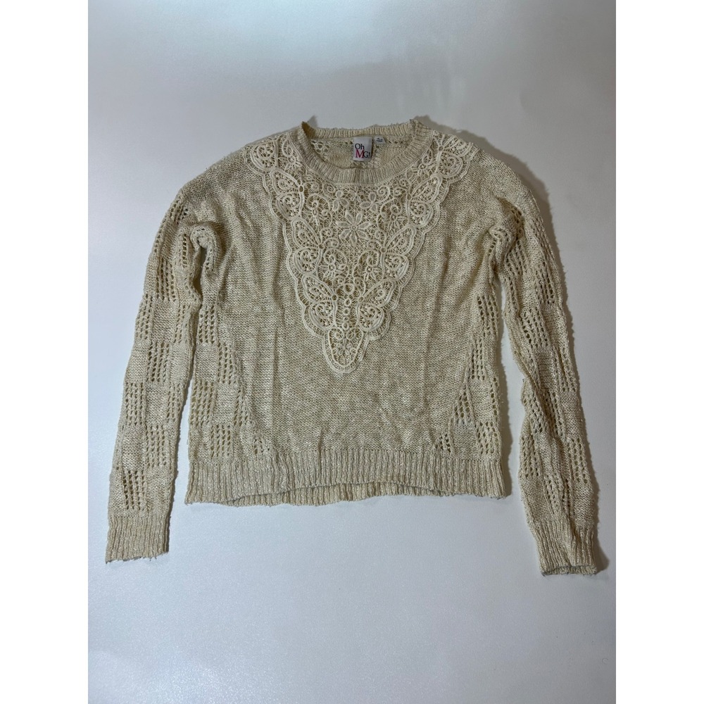 Oh MG! Sweater Womens Medium Cream Excellent Lace Bib Open Knit Pointelle